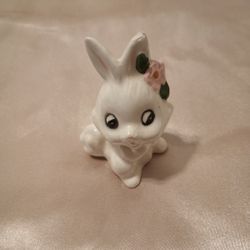 Vintage Porcelain Bunny Figurine With Hibiscus Flower Accent