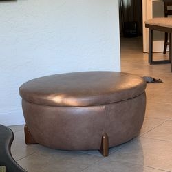 Round brown Leather Storage Ottoman – Stylish & Functional
