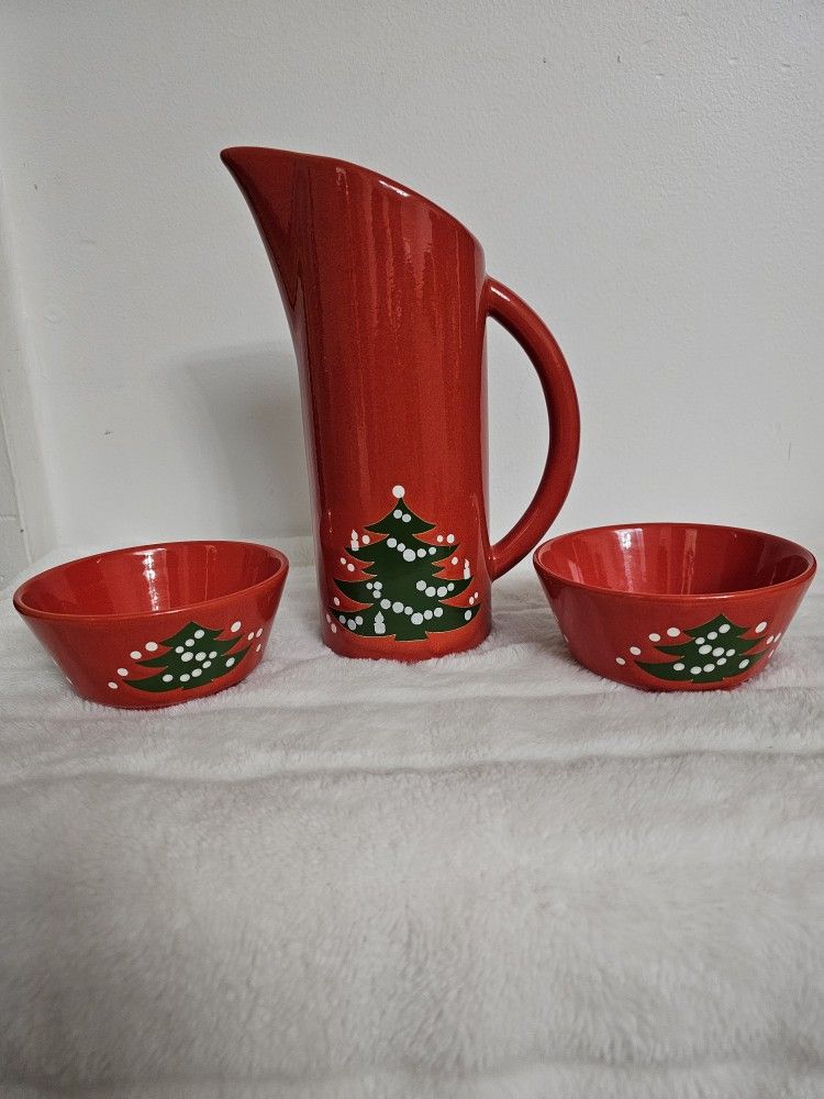 Waechtersbach Vintage Germany Glazed Pottery Christmas Tree Pitcher & Serving Bowls
