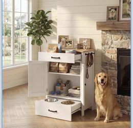 Dog Feeding Station with 2 Elevated Dog Bowls, Food Storage with Adjustable Shelf and Sliding Drawer, Hidden Pet Feeder Station for Cats and Dogs, Whi