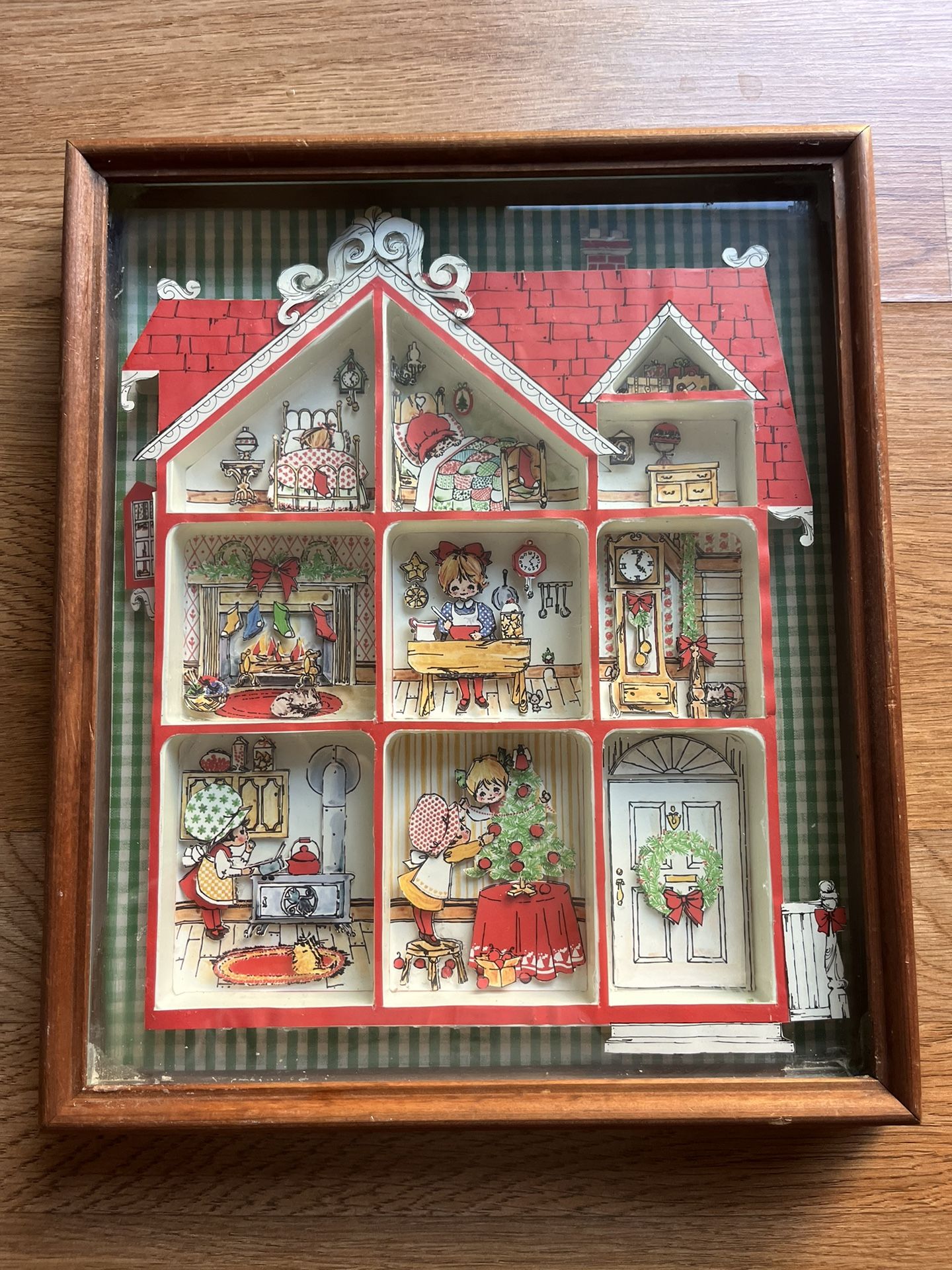 Vintage Holly Hobbie 3D Diorama Paper Art Framed Shadow Box - Christmas Scene