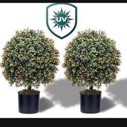 Set of 2-Pre-Potted Artificial Boxwood, 24'' Anti-UV Engineering Grade Material, Decorative Topiary Ball for Indoor Outdoor (Green with Orange Fruits)