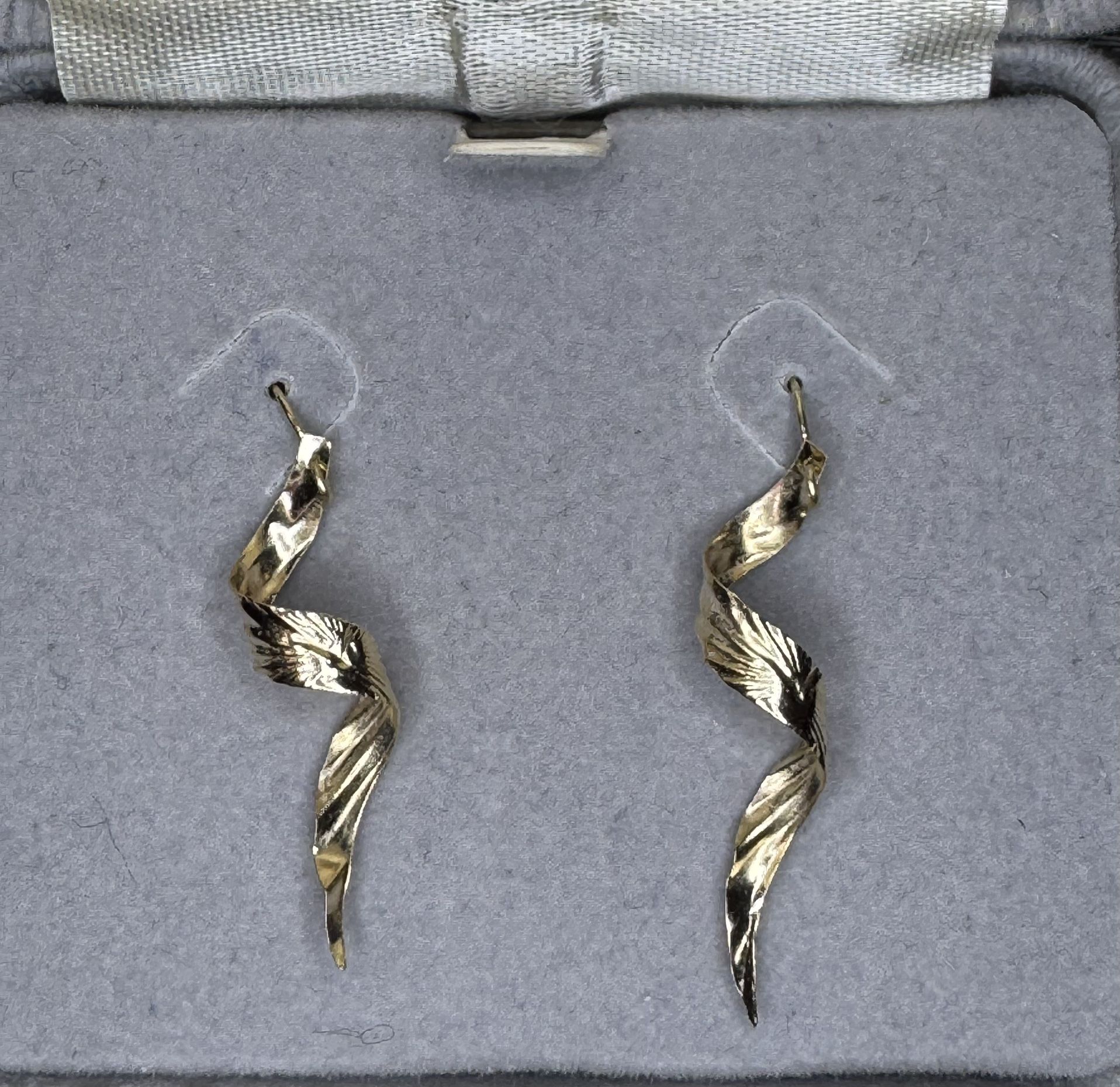 14K Solid Gold Handmade Spiral Stamped Dangle Fish Hook Earrings .5g