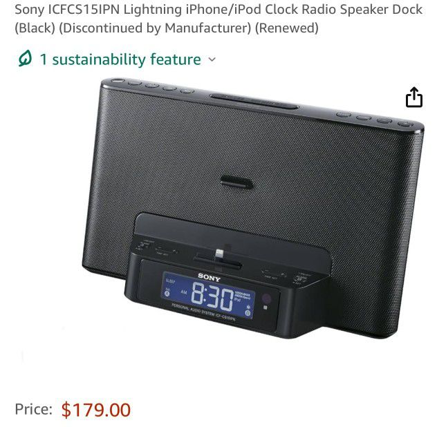 Sony ICFCS15IPN Lightning iPhone/iPod Clock Radio Speaker Dock (Black) (Discontinued by Manufacturer)