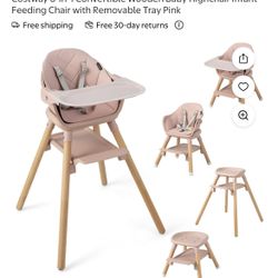Costway 6-in-1 Convertible Wooden Baby Highchair Infant Feeding Chair with Removable Tray Pink