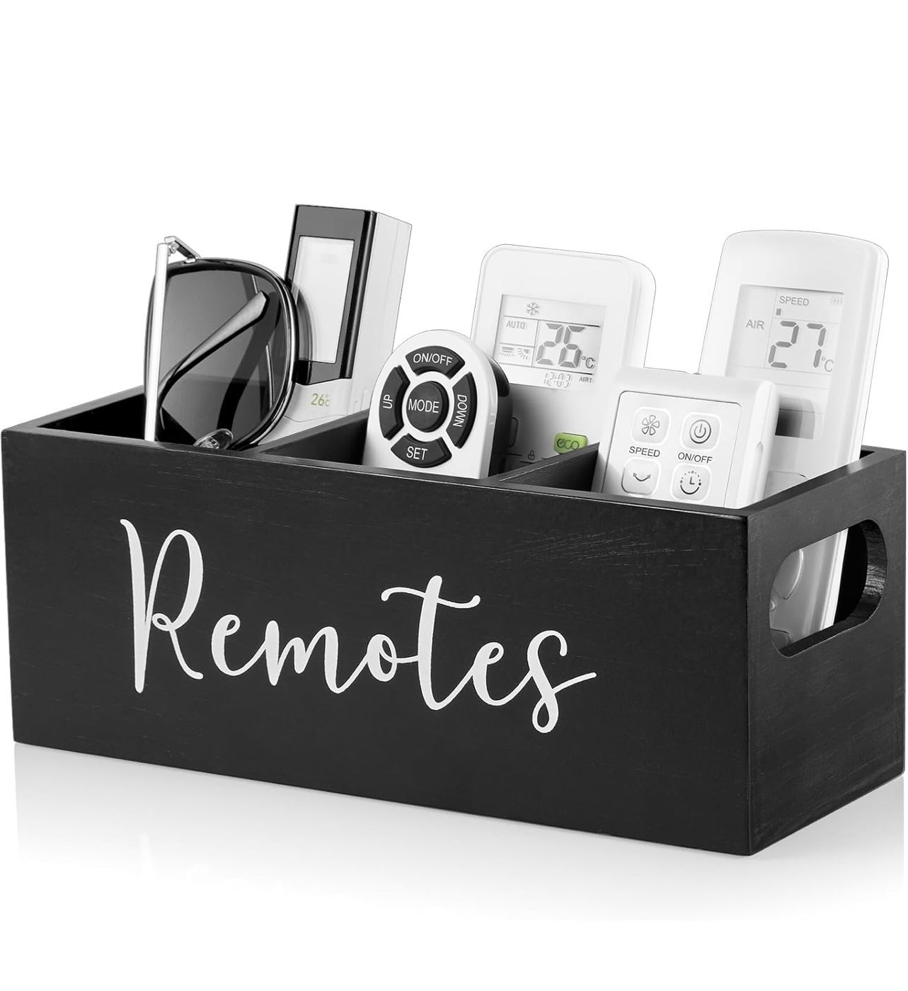 DRASTAR TV Remote Holder - Black Wooden Organizer with 3 Slots, Perfect for Nightstand or Table, Home Decor Caddy