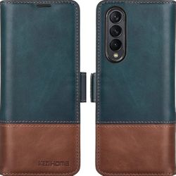 KEZiHOME Samsung Galaxy Z Fold 3 5G Case, Genuine Leather Galaxy Z Fold 3 Wallet Case [RFID Blocking] with Card Slot Flip Kickstand Phone Cover Compat