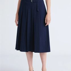 Free Assembly Women's Belted Pleated Navy Pinstripe Midi Skirt Sz 16 New 