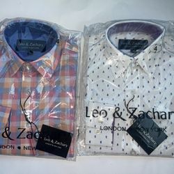 Set Of 2 : Leo & Zachary Button Down  Boys Long Sleeves Shirts, Size 4  1. White/Sky Blue/Navy  2. Chambray Plaid LT. Pink 
