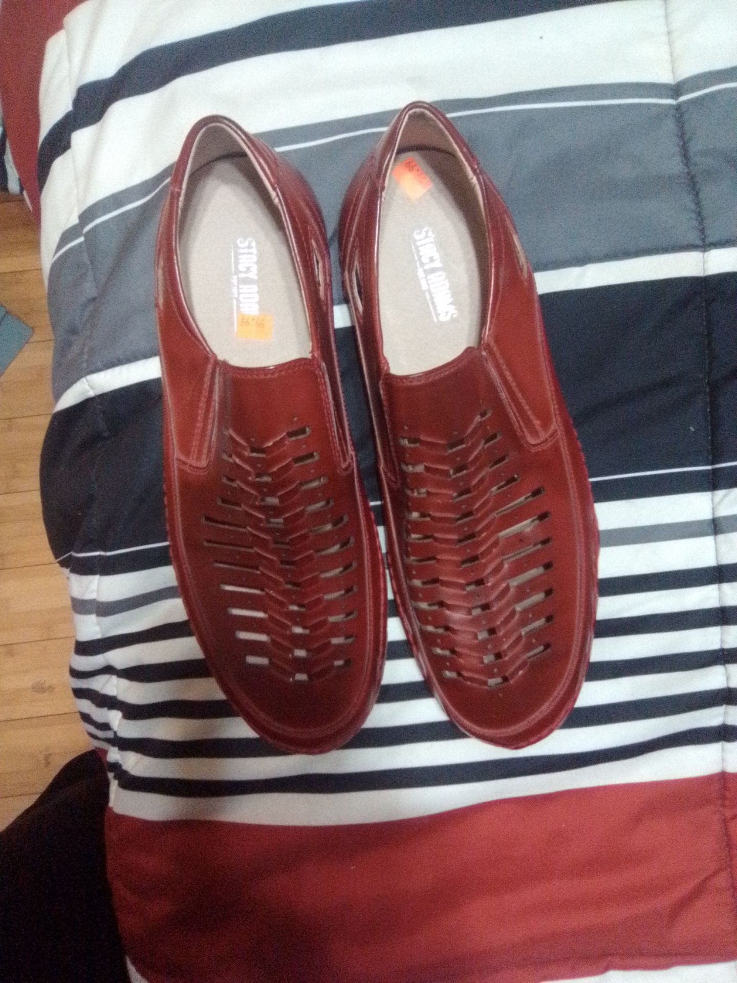 The brown Stacy Adams shoes they brand new the prices on there . The pink and gray Disney shoes they brand new I'm selling it for 80 dollar the blue b