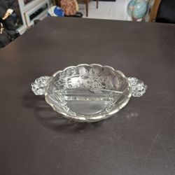 Vintage Mid 20th Century Silver Overlay Divided Relish Dish, Scalloped Edges With Beautiful Glass Handles 8" Handle To Handle