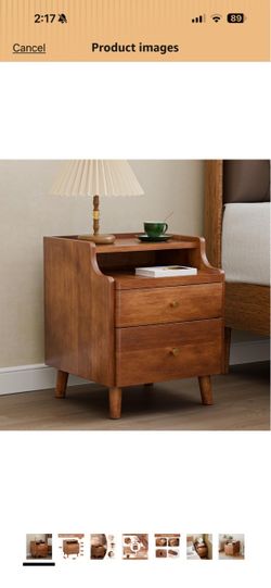 Nightstand with Drawers, Pre-Assembled, 19.7" H Natural Solid Wood Night Stand with Open Sliding Shelf, Mid Century Modern Small Bedside Table Cabinet