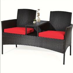 Outdoor Patio Wicker Furniture Set, Two Seater Sofa with Red Cushions and Coffee Table with Glass Top, Durable Wicker Design, 54.5 Inches Wide, Perfec
