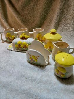 Vintage Ceramic Kitchen Tableware Set 1970s Arnels Merry Mushroom Canister Cups Napkin Holder