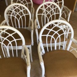 Six (6) Dining Chairs Bamboo Rattan Lilly Pulitzer Inspired White Coastal Palm Beach 