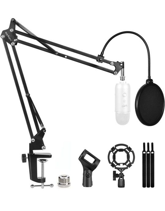 Microphone Stand for Blue Yeti, Quadcast Boom Arm Scissor Mic Stand with Windscreen and Double layered screen Pop Filter Heavy Duty Mic Boom Scissor A