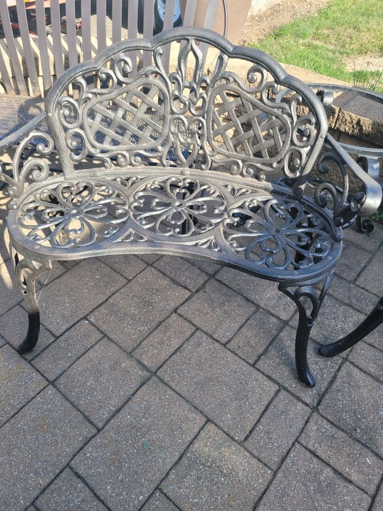 Wrought Iron Bench, Chair, and Round Table