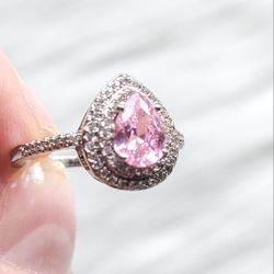 Pink Topaz Pear Halo Ring, Size 8, Elegant Statement