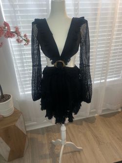 NWT Black Fringe Crochet Open Back Mini Dress – Small