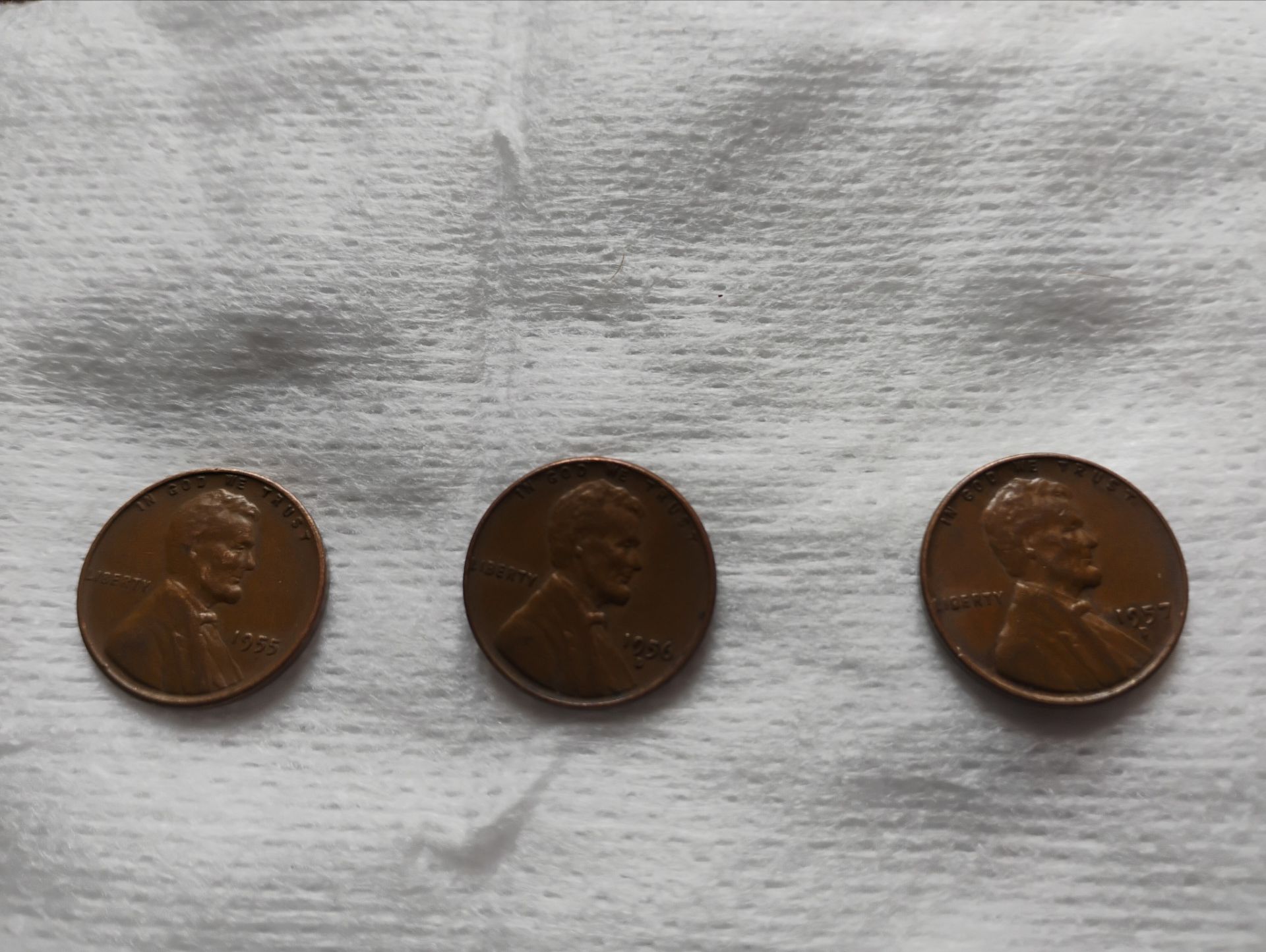 3 sequencial wheat pennies '55, '56,'57