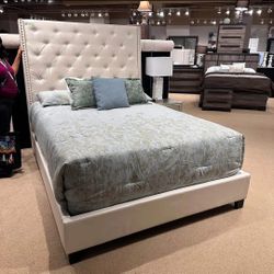 Beige color high headboard bed frame in king and queen sizes