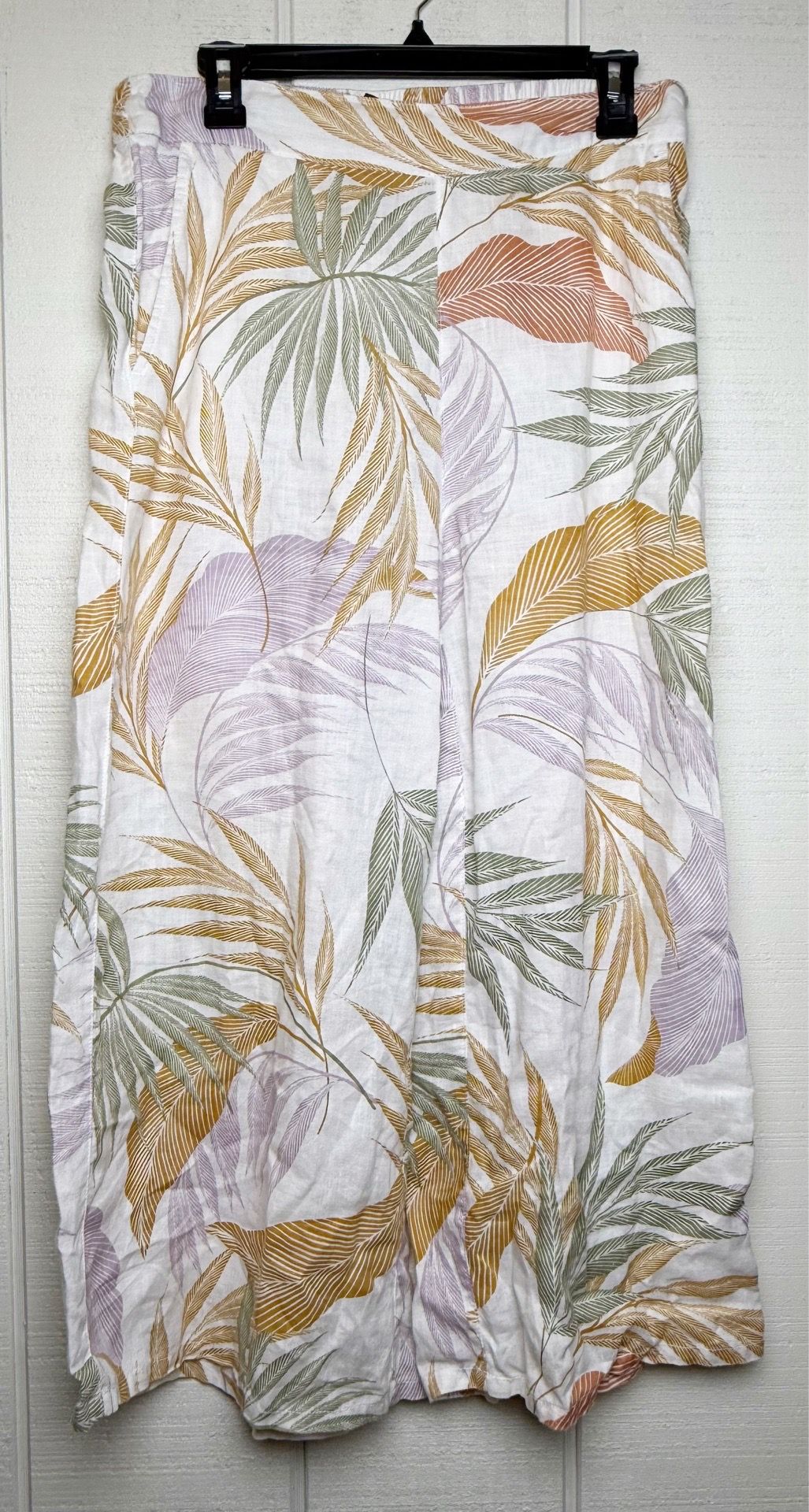 Tahari Pants Women MEDIUM 100% LINEN WIDE LEG PALM Print POCKETS HIGH WAIST