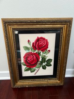 Vintage Handmade Framed Bunka Embroidery of Roses 24x20”