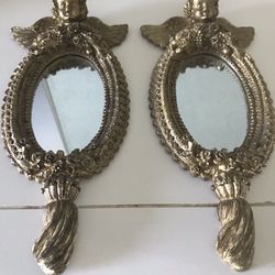 2 vintage ornate small wall mirrors cherub angels