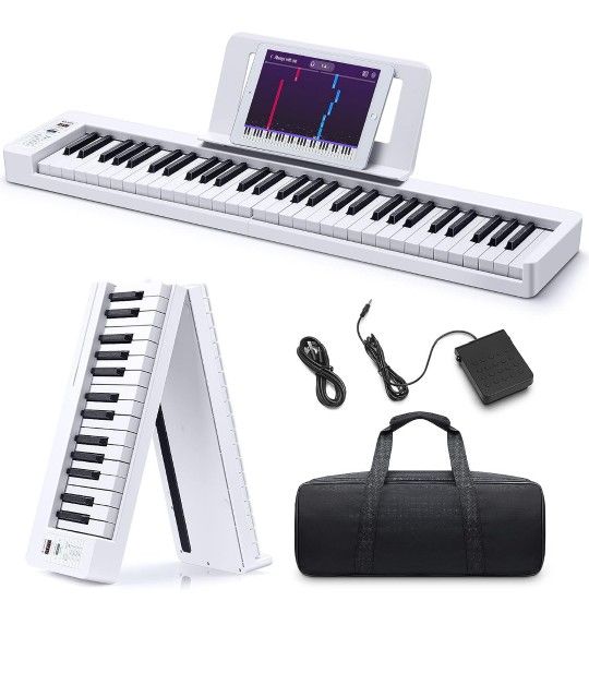Donner 61-Key Folding Bluetooth Keyboard Piano for Beginners, Portable with Music Rest, Bag, Pedal, and App - White