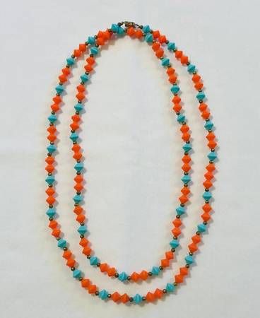 Vintage 1960s plastic beads necklace coral orange and turquoise blue 51” long 