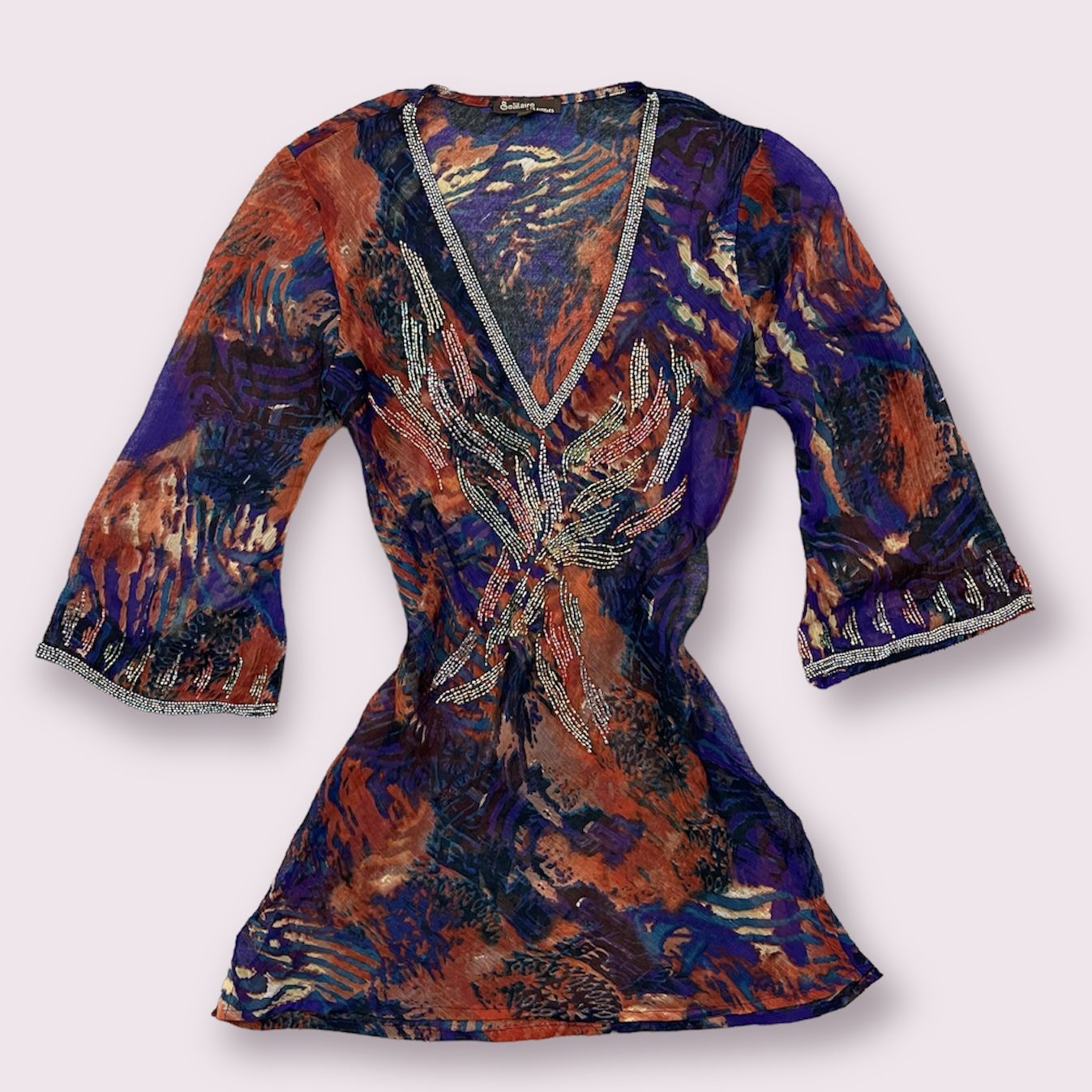 Vintage 90’s Red Purple Multicolor V Neck Beaded Sheer Long Sleeve Tunic Blouse
