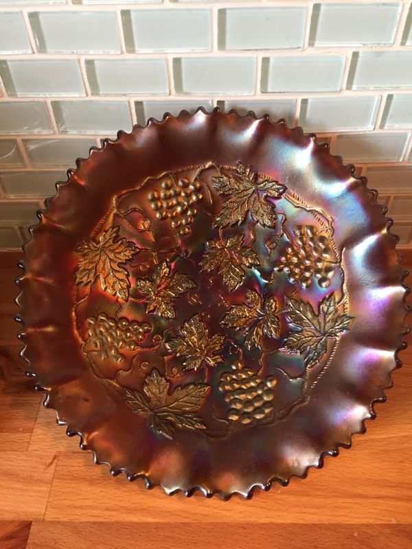 Northwood Carnival Glass Grape and Cable Basket Weave Bowl
