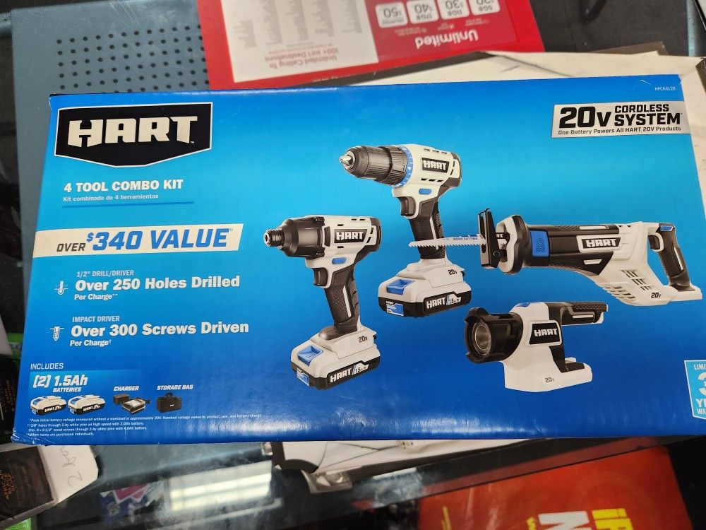 Hart 20v Cordless 4 Tool Combo Kit. Drill Saw Light