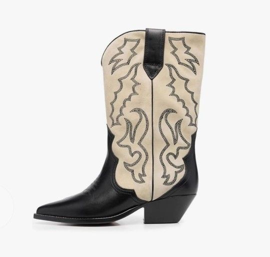 ERICAT Western Cowboy Boots Chica Chunky Heel Bordado Skinny Mid-calf Boots Pointy Head Color Rider Boots Ankle Boots