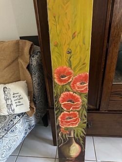 Hand-Painted Poppy Floral Wood Plank Art
