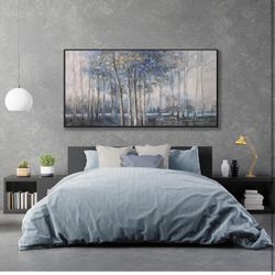 Wall Art Decor Dark Canvas Wall Art Blue Embellishments Plant Grey Misty Forest Abstract Tree Modern Artwork For Living Room Modern Canvas Prints Pict