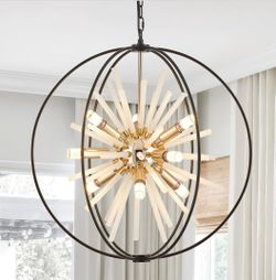 New 23.6" Black Gold 9-Light Globe Sputnik Chandelier Firework Hanging Pendant Adjustable Height