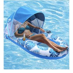 Pool Lounge Float with Canopy UPF50+,Extra Large Pool Floats for Adults Heavy Duty,Inflatable Lounger Float with Cup Holder & Backrest,Footrest