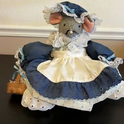 Handmade Felt Ms Mouse Plush Stuffed Toy Sewing Basket Trinkets Vintage Blue 11"