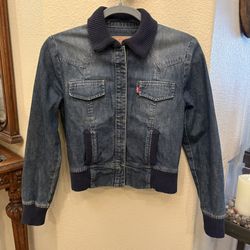 Levi's Blue Denim Ribbed Collar Cropped Bomber Y2K Jacket Size Small