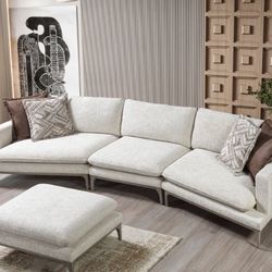 Dylan Ivory Linen 3-Piece Curved 126" Sectional with Ottoman