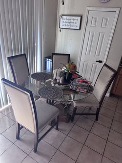 Set of 4 Dining Chairs – Beige Upholstered with Nailhead Trim, Dark Wood – $150 Bundle