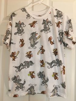 Tom & Jerry White Graphic Tee Cartoon Print Tom and Jerry All Over Small Cotton