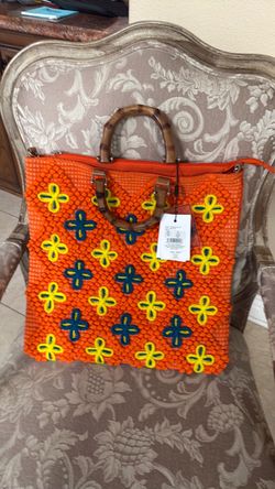 Alex Max Orange Woven Handbag with Bamboo Handles – New with Tags