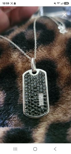 Silver Dog Tag Pendant Necklace with Black Stones
