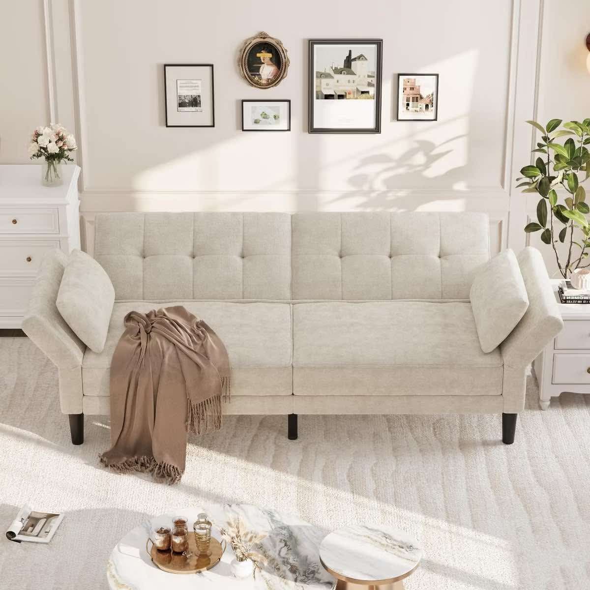 89" Futon Sofa Bed, Modern Sleeper Sofa with Adjustable Backrest & Armrest, Convertible Futon Couch Bed with 2 Pillows