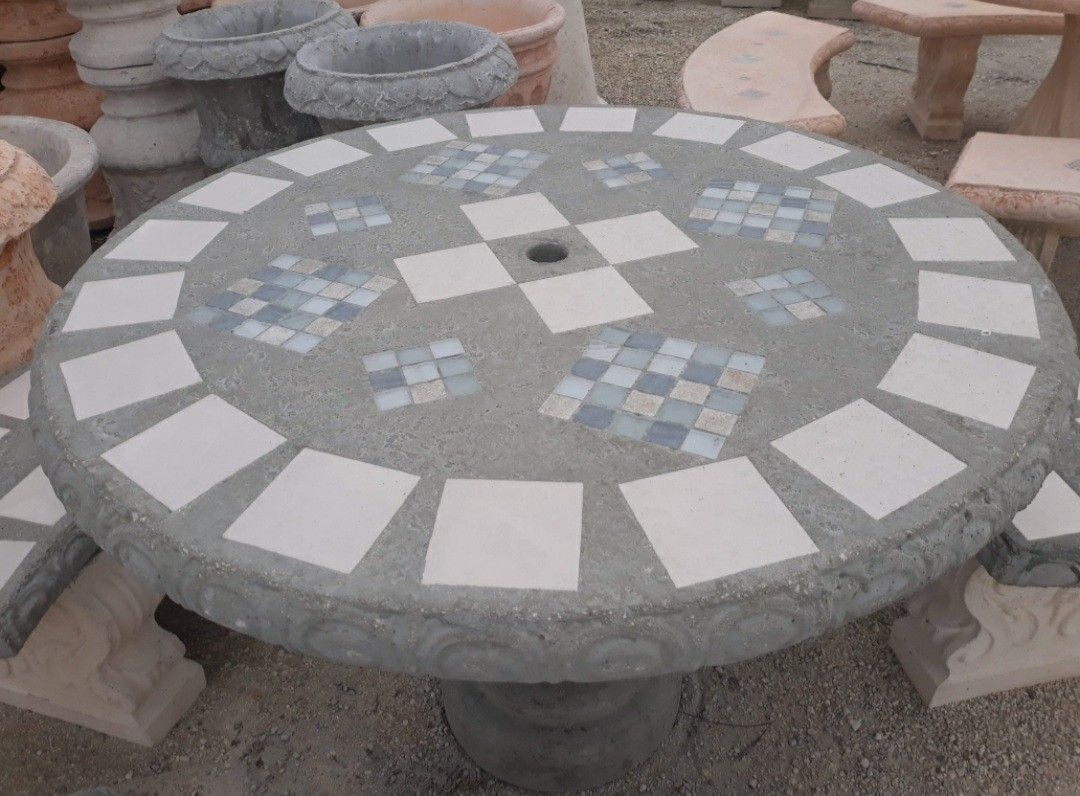 Concrete Mosaic Picnic Table with 3 Benches/ Outdoor Patio Furniture