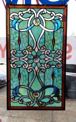26 inch Baroque Ribbon Swirl Stained Glass Panel- New- Located in Shelton