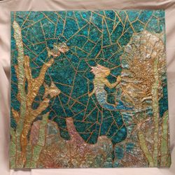 Large 32"x 32" Mixed Media Painting Resin Art Mermaid Aquatic Marine Reef Signed Fish Sea Siren Underwater Ocean Mythical Coastal