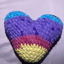 Multicolor Plush Heart Decorative Crocheted Pillow Textured Abstract Pattern